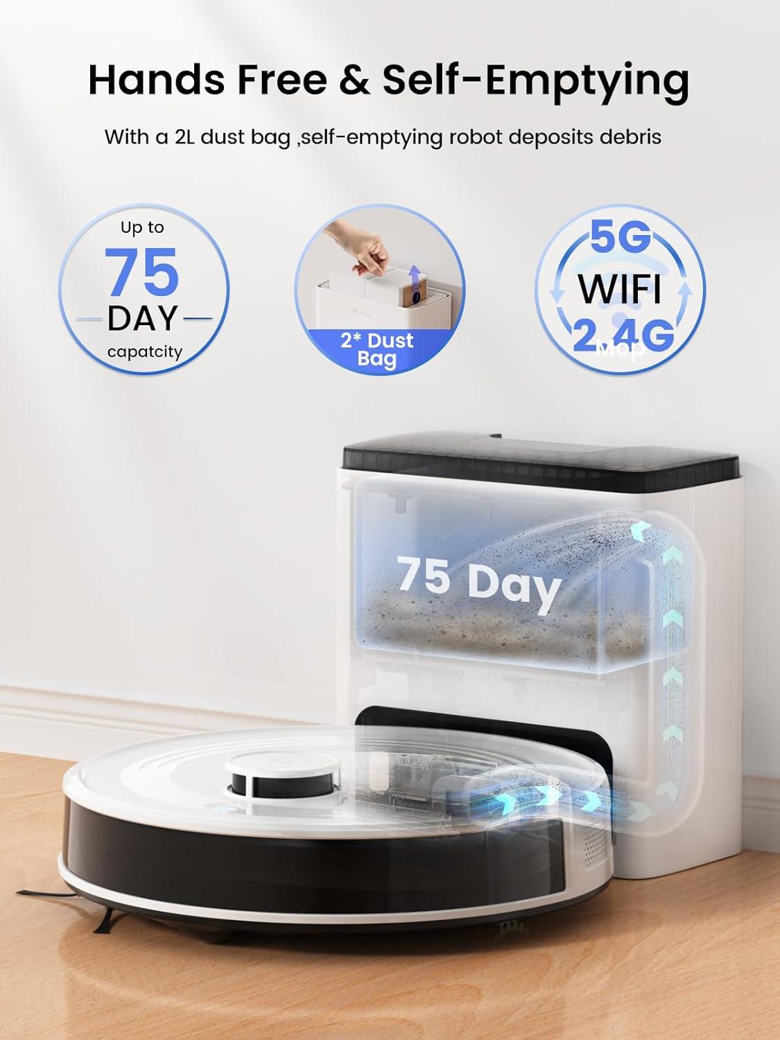 image:imageLefant LiDAR Robot Vacuum and Mop75Day SelfEmptying6000Pa Powerful SuctionCustomized CleaningHome Mapping 140 Min Runtime Roller Brush for Carpet24G5G WiFiAlexaAPPiWatchM2 Plus
