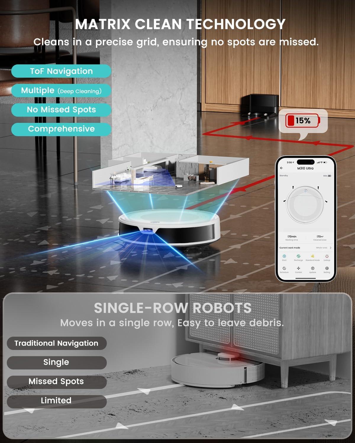 image:imageLefant M310 Ultra Robot Vacuum and Mop 6000Pa SuctionSlim Robotic Cleaner with ToF LiDAR Navigation Accurate Obstacle Avoidance WiFiAppAlexa Control 170min Runtime for Pet Hair and HomeM310 UltraW